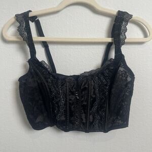Black Lace Longline Bra Bustier Corset Style Underwire Size Medium